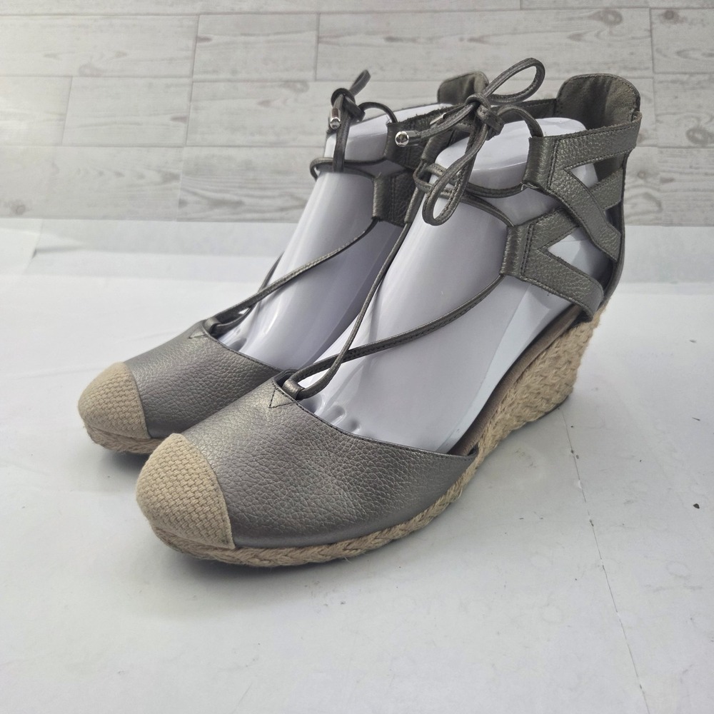 Vionic Calypso Espadrille Wedge Sandals Womens 9 Pewter Leather Coastal Chic
